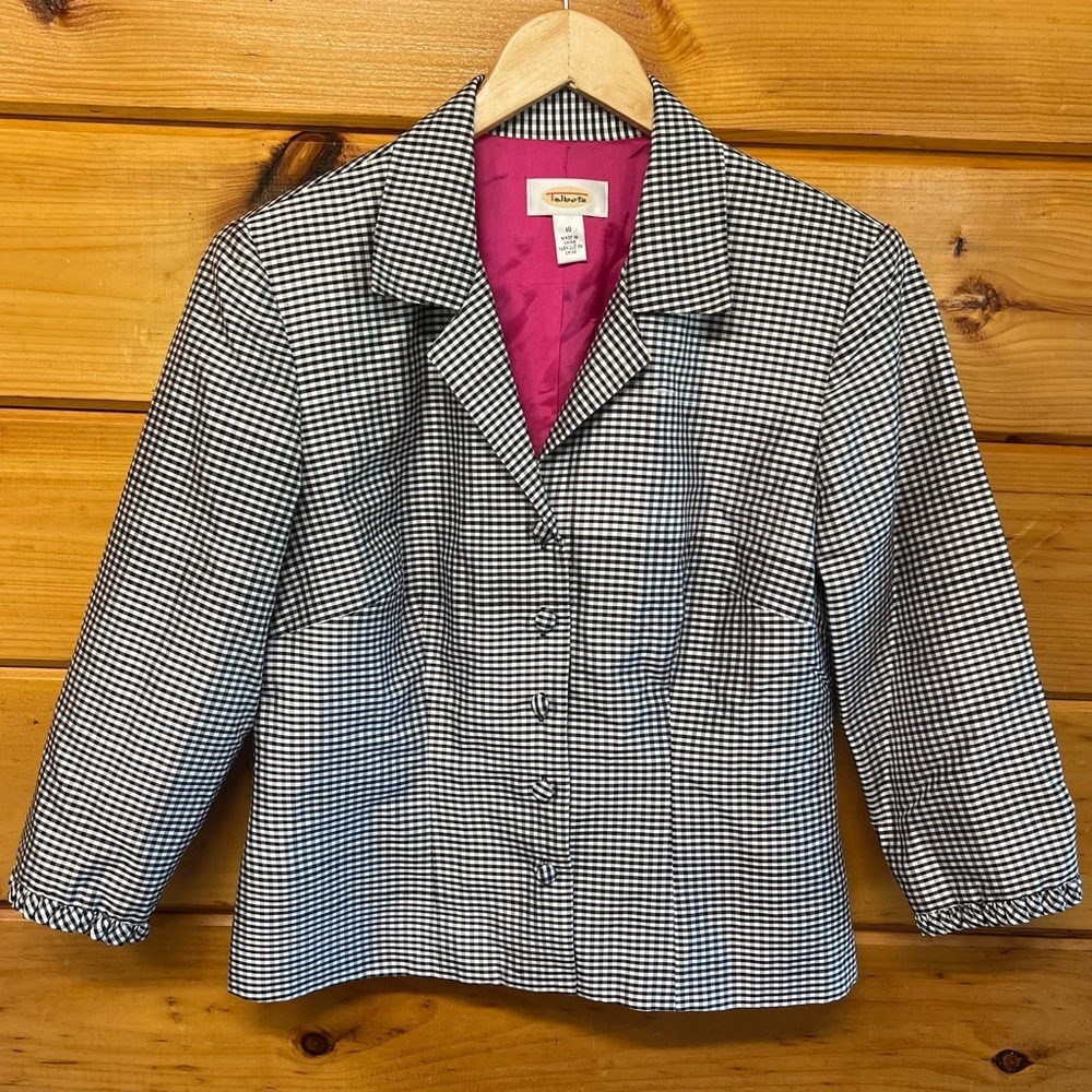 Silk Talbots Black and White Gingham Blazer 3/4 Sleeve Notched Lapel 10 Lined